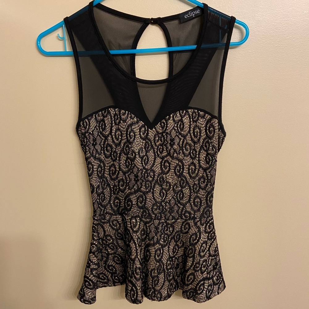 Lovely holiday gold glitter sheer peplum top